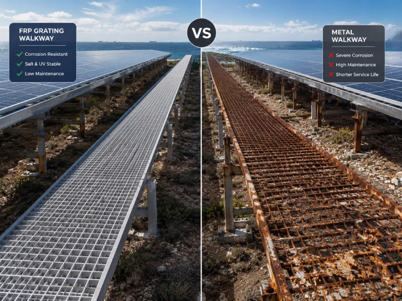 Zakaj je FRP rešetka najboljši material za PV O&M prehode (FRP solarna rešetka proti kovini)