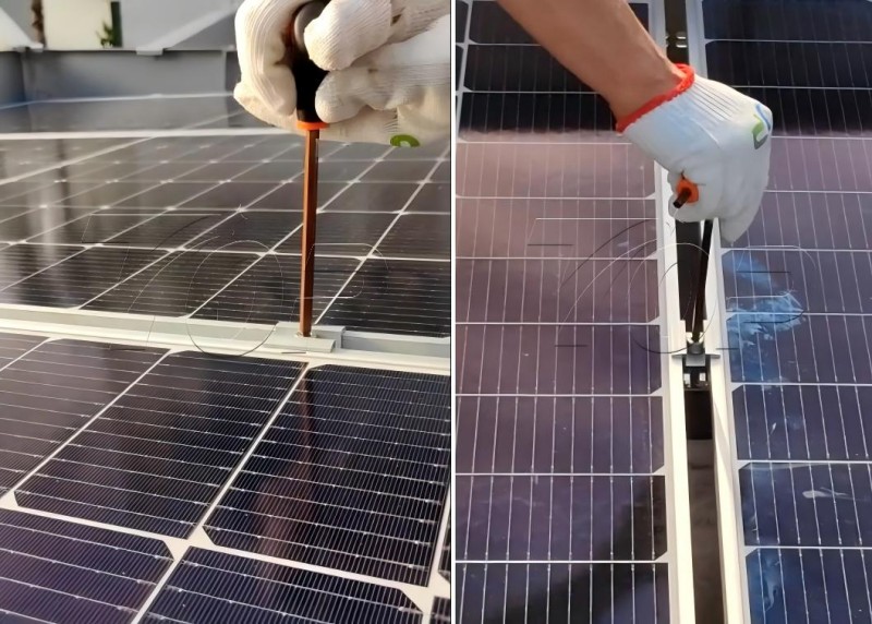Solar Panels laying on the rails, complete the rail array mounting
