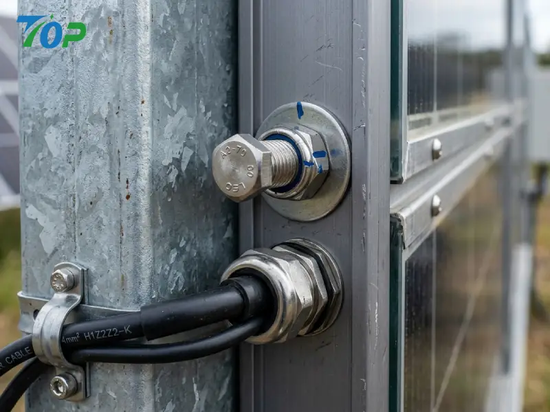 Macro detail of solar fence stainless steel structural connection and mounting system